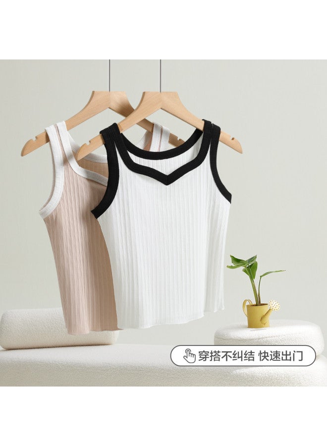Red Bean Slimming Contrast Sleeveless Vest For Women, Summer Versatile Wear V-Neck Camisole, Outerwear Tank Top - Image 4