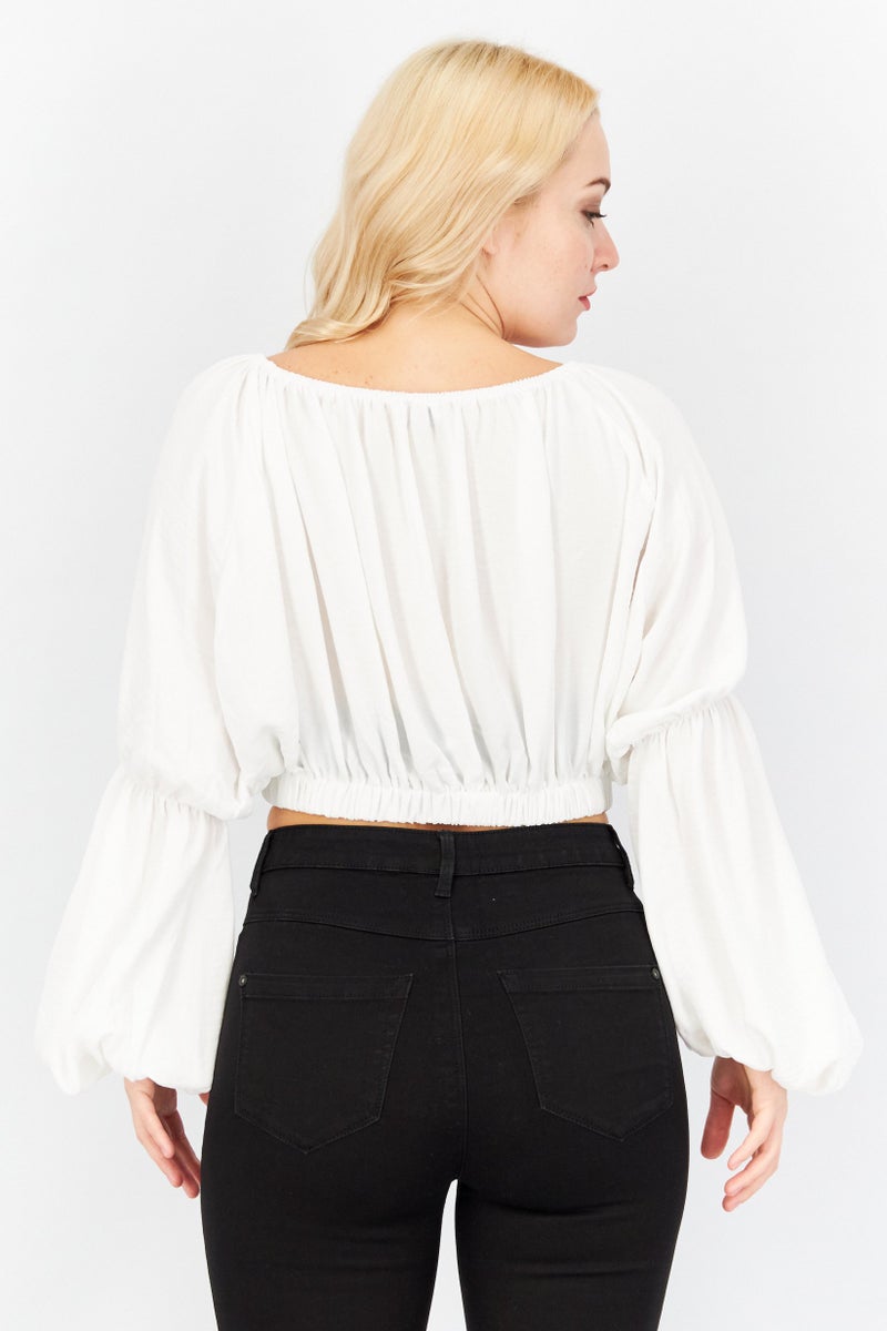 John Zack بلوزة نسائية بقصة دائرية وياقة طويلة وسادة، بيضاء - Image 3