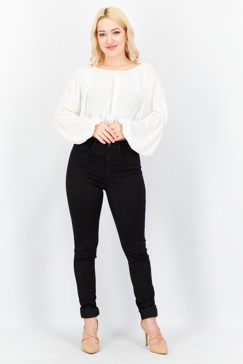 John Zack Women Round Neck Long Sleeve Plain Cropped Top, White - Image 2