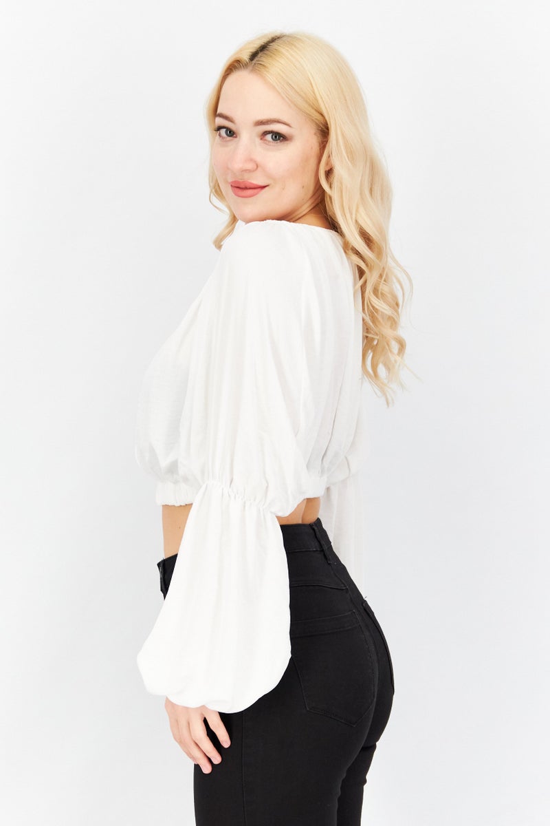 John Zack Women Round Neck Long Sleeve Plain Cropped Top, White - Image 4