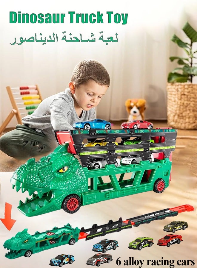 Truck Toy, Dinosaur Transporter Track Toy, Foldable Race Car Track Toy with Slots & 6 Alloy Cars, Deformation Carrier Truck Toy, Container Truck Toy, Die-Cast Truck Track Toy, Dinosaur Vehicles Toy Set for 3+ Kids Boys Girls, 97CM Foldable Race Tracks  - Image 1
