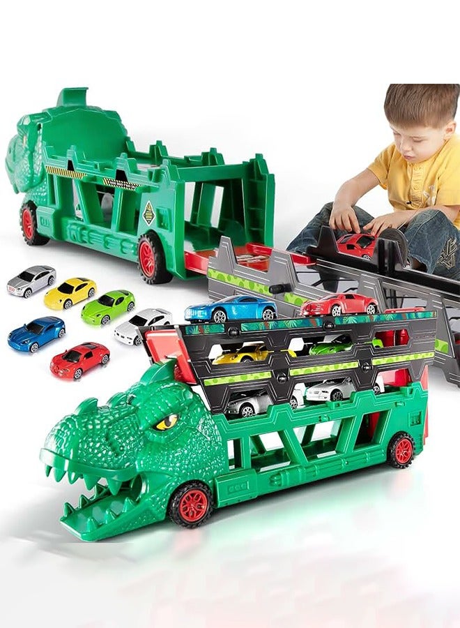 Truck Toy, Dinosaur Transporter Track Toy, Foldable Race Car Track Toy with Slots & 6 Alloy Cars, Deformation Carrier Truck Toy, Container Truck Toy, Die-Cast Truck Track Toy, Dinosaur Vehicles Toy Set for 3+ Kids Boys Girls, 97CM Foldable Race Tracks  - Image 4