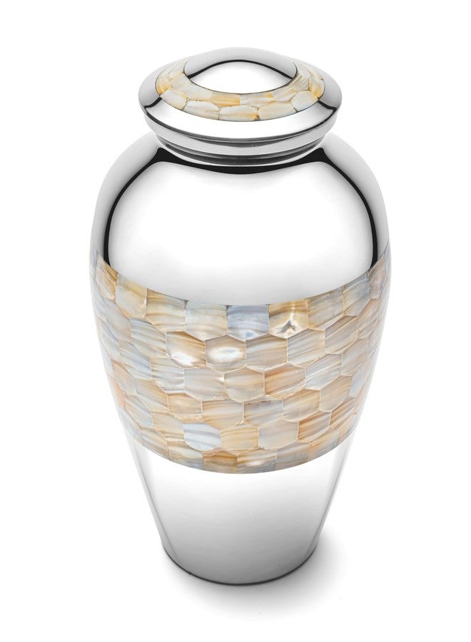 Simcs Handicrafts جرار حرق جثث كبيرة من النحاس الأصفر واللؤلؤ، لحفظ رماد الموتى، بحجم مناسب للبالغين من الذكور والإناث، مناسبة للأم والأب والابن، للرجال والنساء، بغطاء محكم، مطلية باللون الفضي، مقاس 9 بوصات، وزن 210 رطل، مع حقيبة مخملية. - Image 1