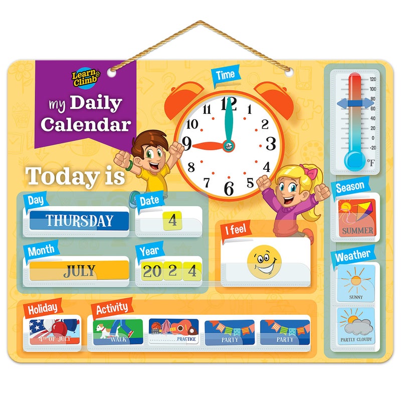 Learn Climb Kids Daily Calendar Magnetic Hang on Wall or Fridge for Home or School Yellow