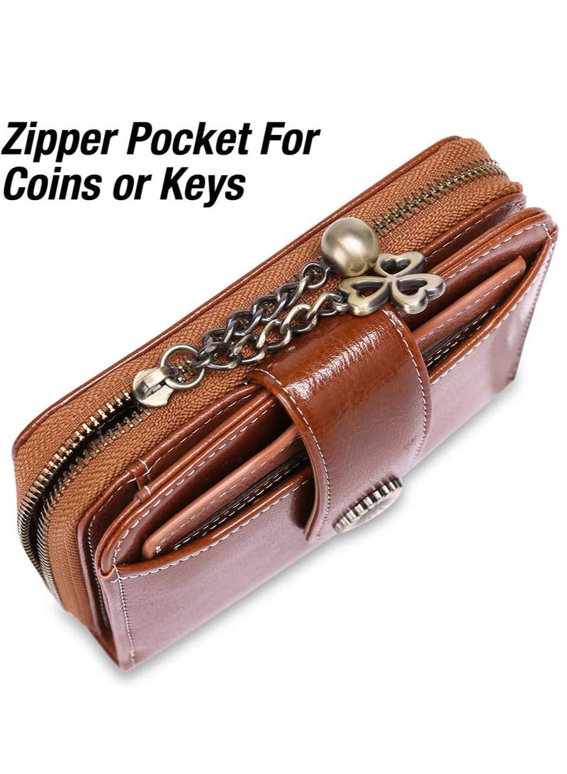 RFID Blocking Genuine Leather Wallet for Women, Small Bifold Zippered Pocket Purse with ID Window, Perfect Ladies Card Case (Brown) - Image 4