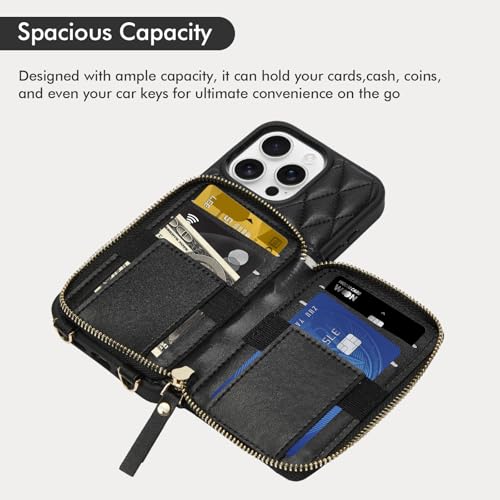 ZVE for iPhone 16 Pro Max Wallet Case for Women Crossbody Case with Wrist Strap Protective Leather Lanyard with Ring Holder Flip Cover 69 Inch Black - Image 3