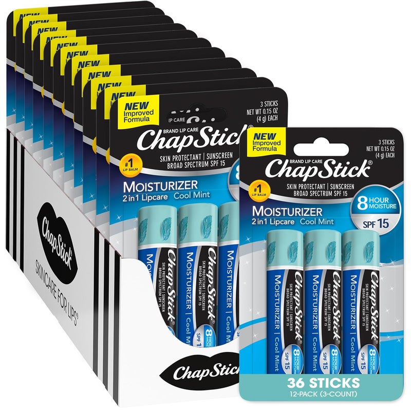 ChapStick Lip Moisturizer Cool Mint 2in1 Lipcare SPF 15 3Packs 12 Sets36 Tubes  Bulk Lip Balm New Improved Formula 015 Oz Ea