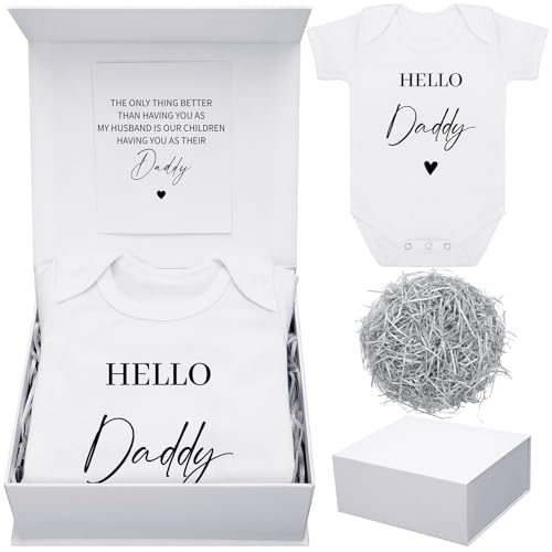 Shyyween 4 Pcs Pregnancy Announcement for Husband, Hello Daddy Baby Bodysuit, Hello Daddy Pregnancy Reveal Card Baby Reveal Gift Box Baby Announcement Gifts Set for Husband Partner - Image 1