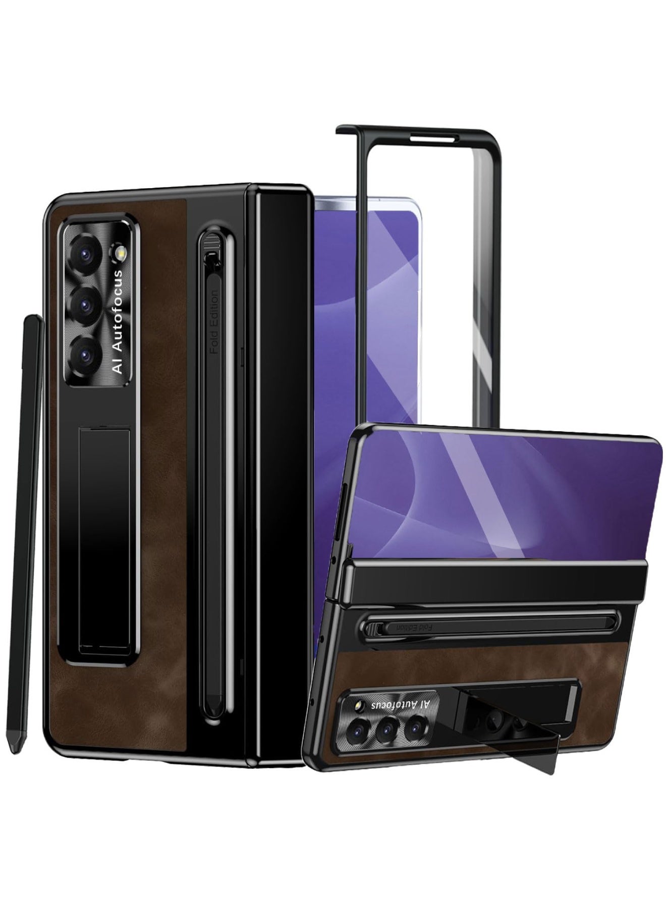 Aookay Protective Case for Samsung Galaxy Z Fold 7 with Screen Protector and Pen, Hinge Protection, Kickstand Case, Premium Leather Soft Touch (Brown)