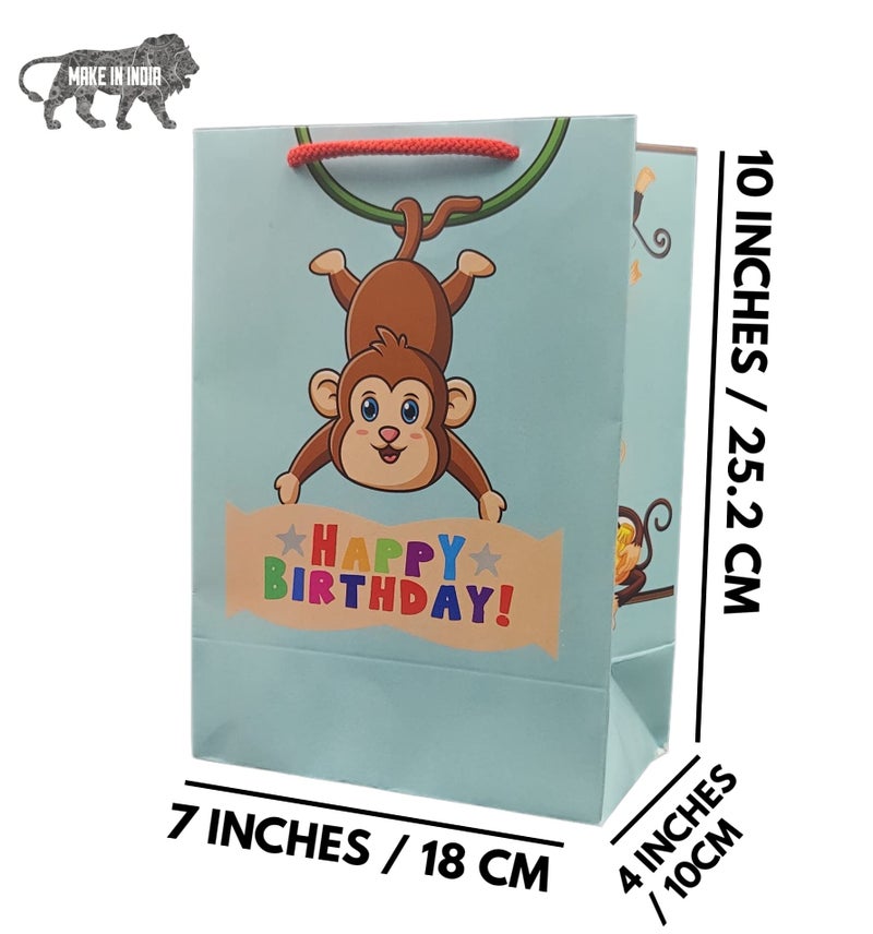 TASCHE Jungle and Monkey Birthday Printed Assorted Gift Paper Bags | Return gifts, and Birthday presents (10 * 7 * 4 Inches) (Multicolour) (Pack of 10) - Image 4