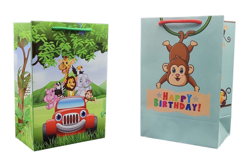TASCHE Jungle and Monkey Birthday Printed Assorted Gift Paper Bags | Return gifts, and Birthday presents (10 * 7 * 4 Inches) (Multicolour) (Pack of 10) - Image 1