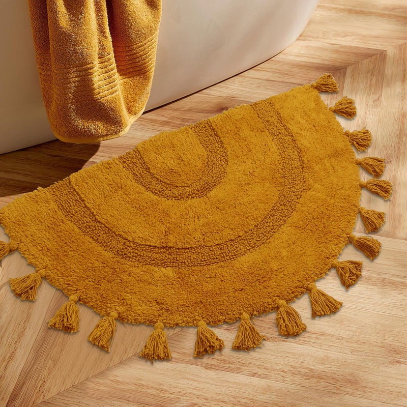 Half Circle Boho Bathroom Rugs with Tassels 100 Cotton HandWoven Bath Mat Non Slip Absorbent Bath Rugs with Rug Pad Washable Boho Bath Mat Carpet for Tub Shower 20x32Mustard