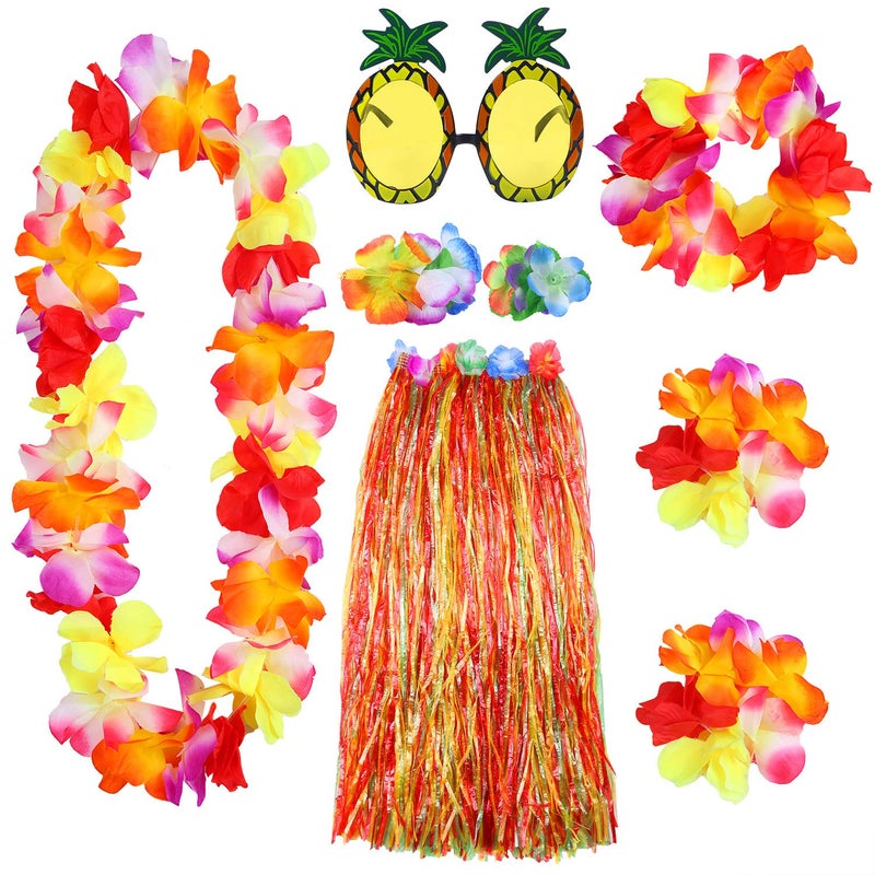 Elcoho 8 Pieces Grass Skirt Sunglasses Leis Necklace Bracelet Set Luau Decorations for Kids and Adults - Image 1