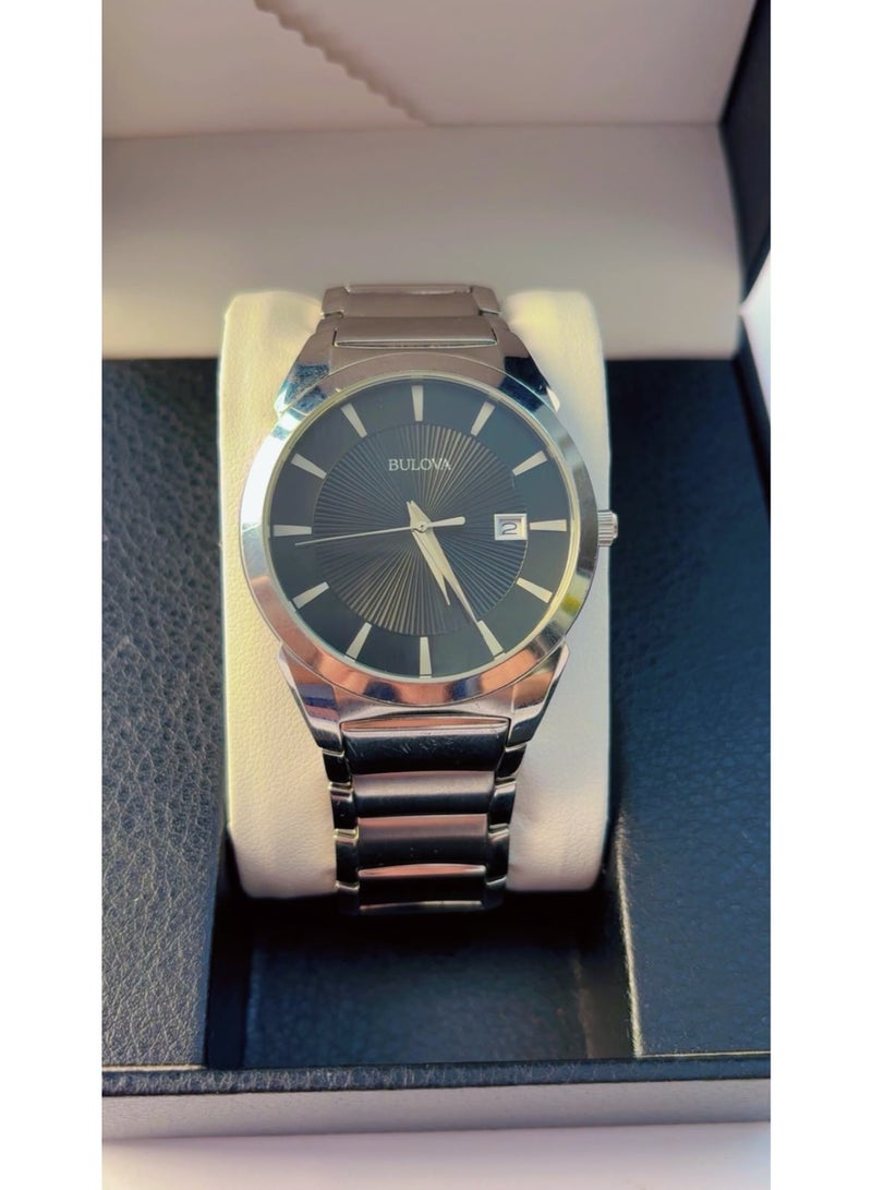 Bulova Men's Classic Stainless Steel Watch Black Patterned Dial Date Display 38mm (Model 96B149) - Pre-Owned Like Brand New Condition - Image 1