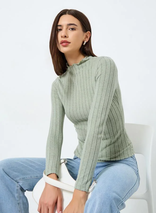 Take Two High Neck Long Sleeve Ribbed Knit Top