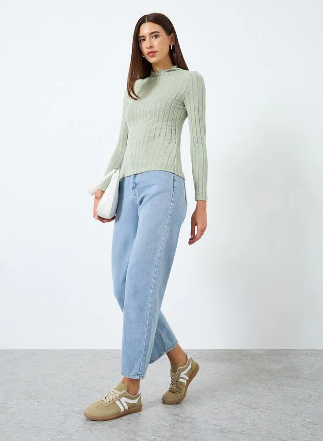 Take Two High Neck Long Sleeve Ribbed Knit Top
