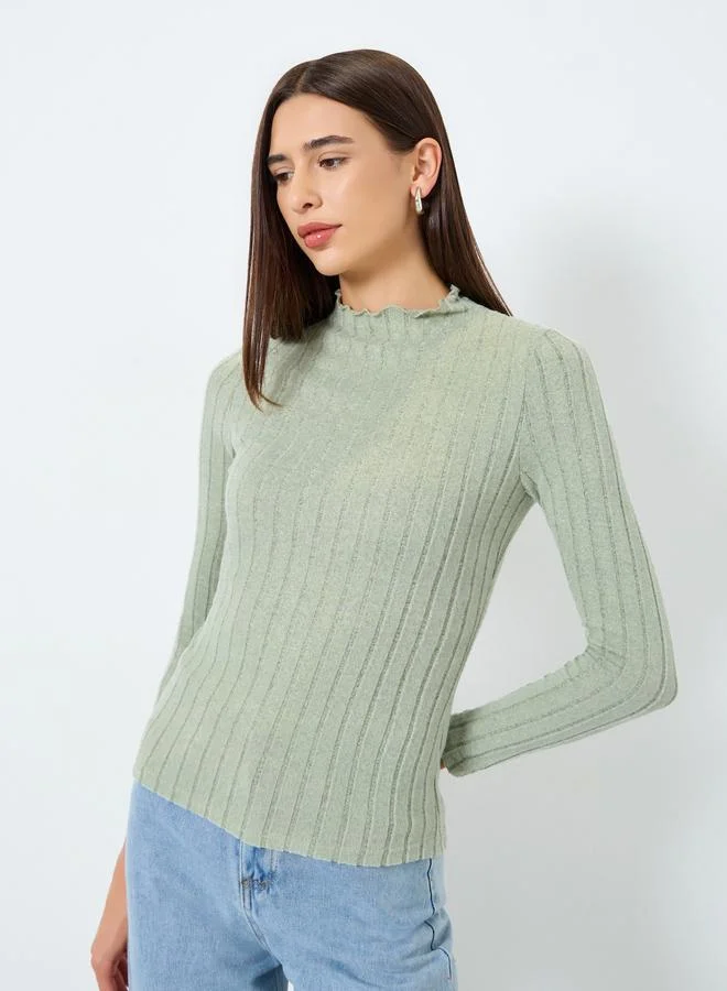Take Two High Neck Long Sleeve Ribbed Knit Top