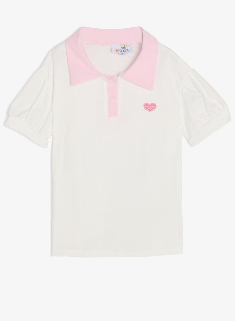 Pinata Heart Print White Cotton Polo Tshirt - Image 2