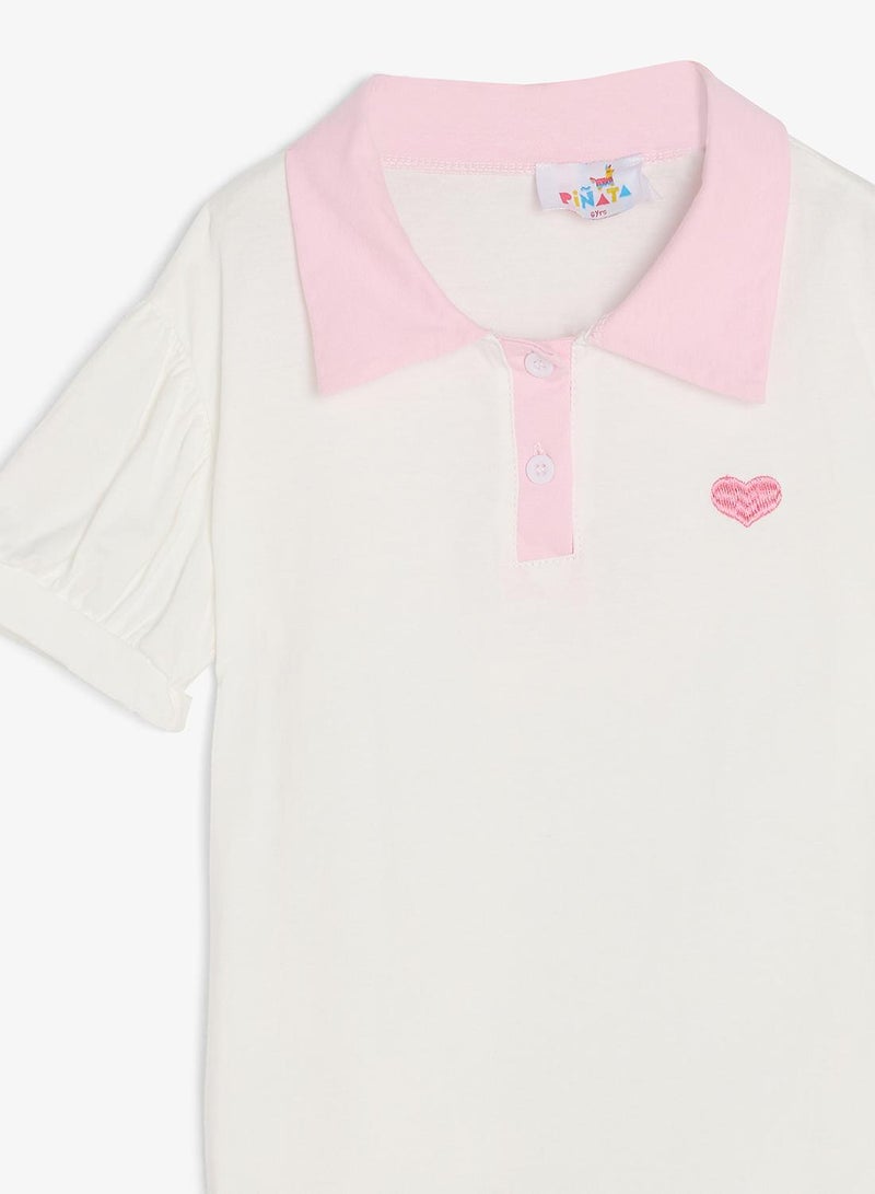 Pinata Heart Print White Cotton Polo Tshirt - Image 4