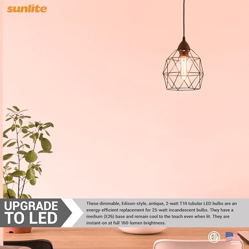 Sunlite مصباح LED فيلمنت T10 من صنلايت 80610، 2 وات (معادل 25 وات)، 160 لومن، قاعدة E26، قابل للتعتيم، 126 مم، عبوة واحدة 2200K - كهرماني - Image 4