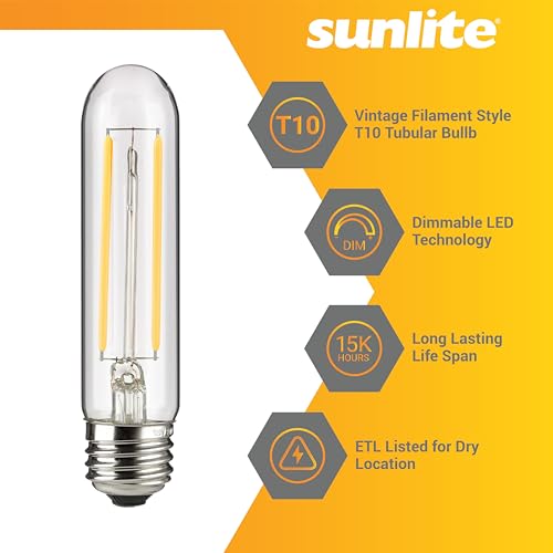 Sunlite مصباح LED فيلمنت T10 من صنلايت 80610، 2 وات (معادل 25 وات)، 160 لومن، قاعدة E26، قابل للتعتيم، 126 مم، عبوة واحدة 2200K - كهرماني - Image 3