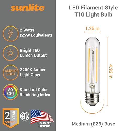 Sunlite مصباح LED فيلمنت T10 من صنلايت 80610، 2 وات (معادل 25 وات)، 160 لومن، قاعدة E26، قابل للتعتيم، 126 مم، عبوة واحدة 2200K - كهرماني - Image 2