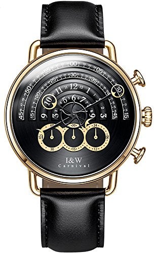 Carnival Unique Men’s Chronograph Watch | Black Leather Strap | 41MM Stainless Steel Case | Sapphire Glass | Japanese Quartz | 30M Waterproof | Dress Casual Business Gold Wrist Watch for Men - Image 1