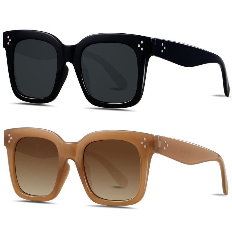 ANDWOOD Oversized Sunglasses for Women Big Large Square Wide Frame Shades Retro Trendy Fashion UV Protection 2 Pack Black Brown Sun glasses - Image 1
