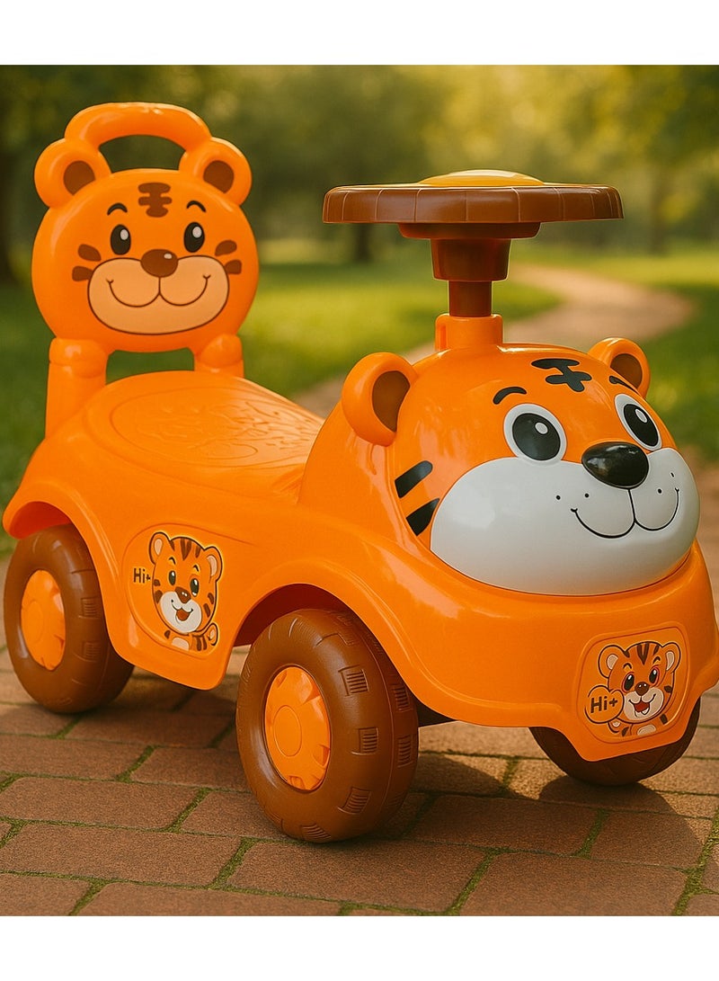 Kids Tiger-Themed Ride-On Car – Push Car with Steering Wheel  Horn, Sturdy 4-Wheel Design, Fun Stickers – Indoor  Outdoor Toddler Push Car – Safe  Durable Plastic (Orange) - Image 1