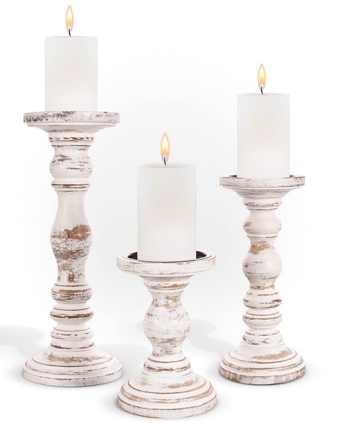 LARGE CANDLE HOLDERS FOR PILLAR CANDLES RUSTIC FARMHOUSE STYLE HOME DECOR PERFECT FOR TABLE CENTERPIECES COFFEE TABLE OR FIREPLACE MANTEL 3 PIECE SET WHITE