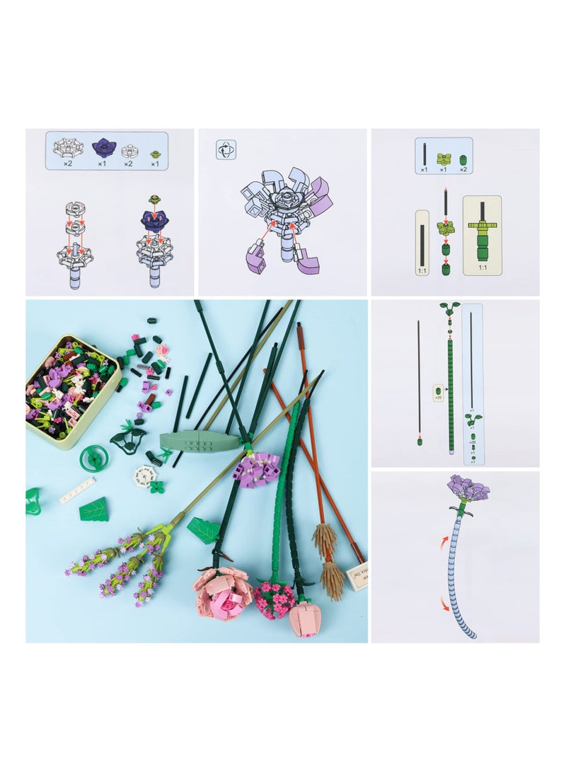 Zikra Flower Bouquet Building Blocks, Building Block Flower Creativity Artificial Flowers Building Toy Set for 6+ Kids, Gift for Children, Friends, Families (without Vase) (Set 1) - Image 2