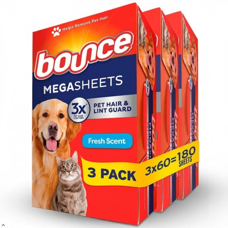Bounce Pet Hair and Lint Guard Mega Dryer Sheets with 3X Pet Hair Fighters, Fresh Scent, 180 Count - Image 1