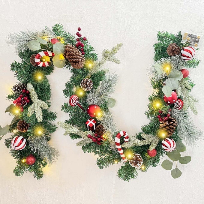WANNACUL PRELIT 6 FEET 72 INCH CHRISTMAS GARLAND WITH LIGHTS FOR FRONT DOOR RED WHITE CHRISTMAS MANTEL GARLAND DECORATION WITH BALL ORNAMENTSCANDY CANESEUCALYPTUS LEAVES BATTERY OPERATED 30 LED