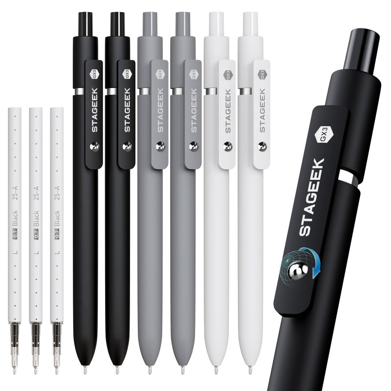 STAGEEK Black Gel Pens GX3, 6Pcs Fine Point Smooth Writing Pens with 3 Extra Refills, Black Ink Pens for Journaling, Office, Note Taking, School Supplies, Nurse Aesthetic(Black Gray White) - Image 1