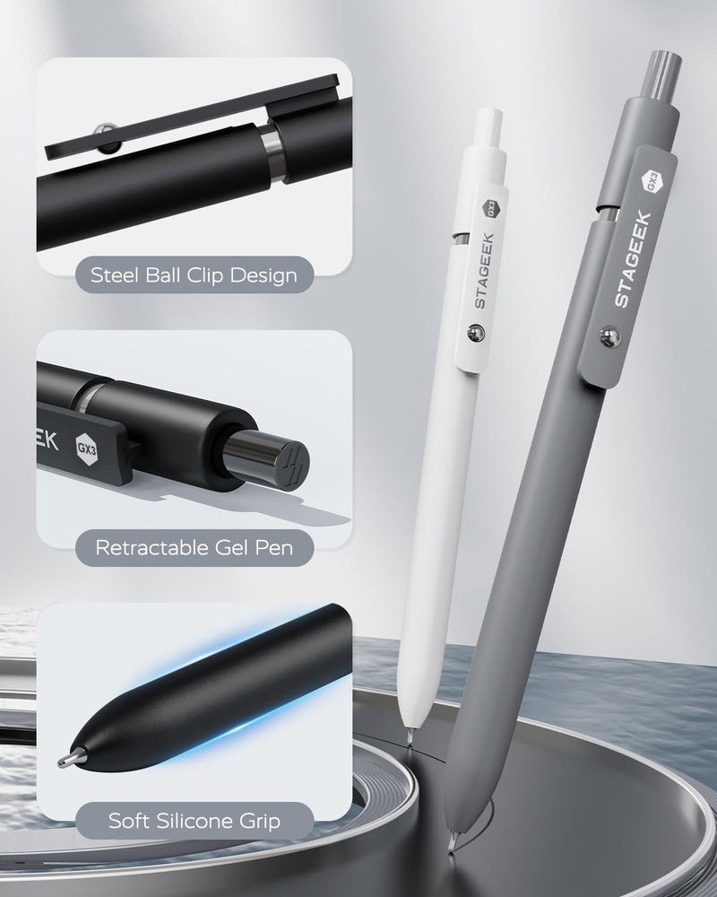 STAGEEK Black Gel Pens GX3, 6Pcs Fine Point Smooth Writing Pens with 3 Extra Refills, Black Ink Pens for Journaling, Office, Note Taking, School Supplies, Nurse Aesthetic(Black Gray White) - Image 4