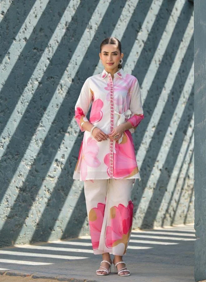 #Be Pink Floral Shirt-Style Kurta Set