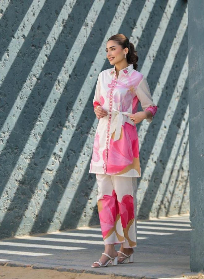 #Be Pink Floral Shirt-Style Kurta Set