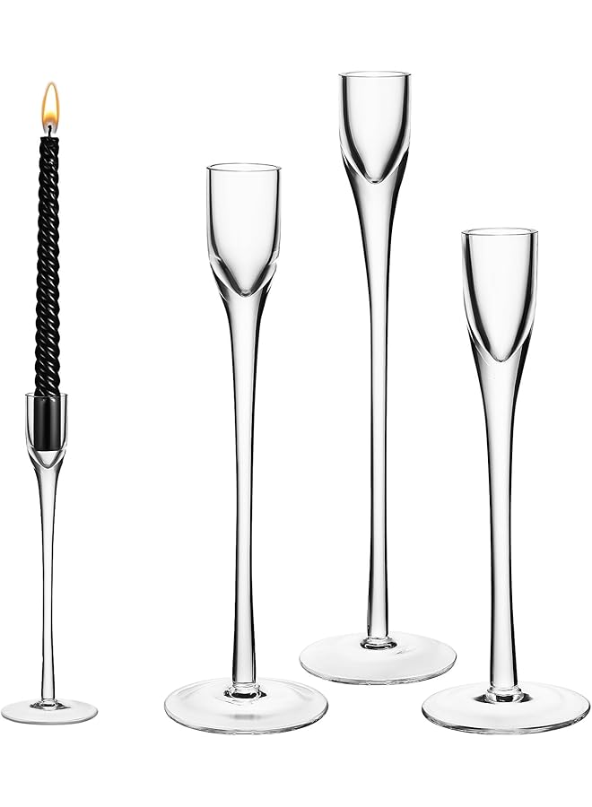 The Bros Elegant Clear Glass Candle Holders Set of 3, Tall Taper Holders for Weddings, Parties, and Festive Table Centerpieces - Image 1
