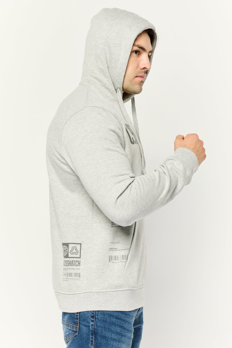 CROSSHATCH سويت شيرت رجالي بغطاء رأس بشعار العلامة التجارية بأكمام طويلة، رمادي - Image 3