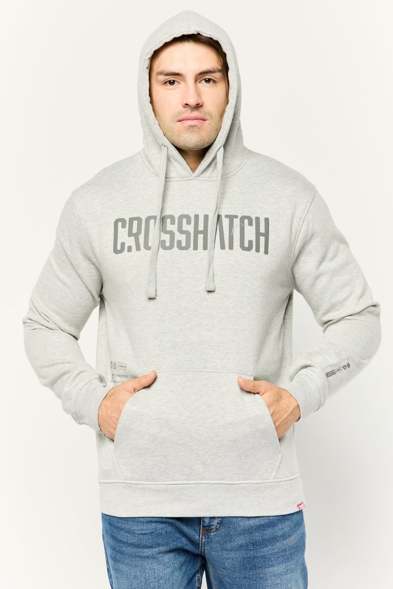 CROSSHATCH سويت شيرت رجالي بغطاء رأس بشعار العلامة التجارية بأكمام طويلة، رمادي - Image 1