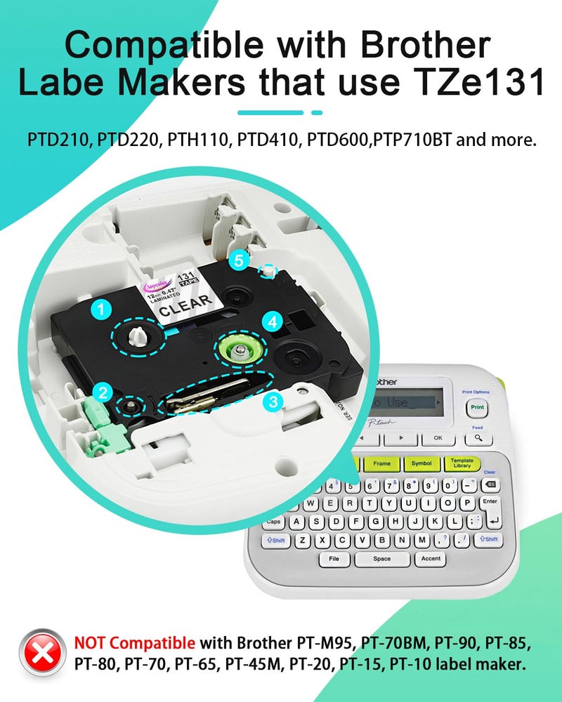 انيكولور Anycolor TZe-131 TZ Tape 12mm 0.47 شريط صانع ملصقات شفاف مصفح بديل لشريط Brother Ptouch TZe-131 TZ-131 يعمل مع P Touch PT-D210 PTH110 PTD220 PTD410 PTD400 D600 صانع ملصقات 5 عبوات - Image 2