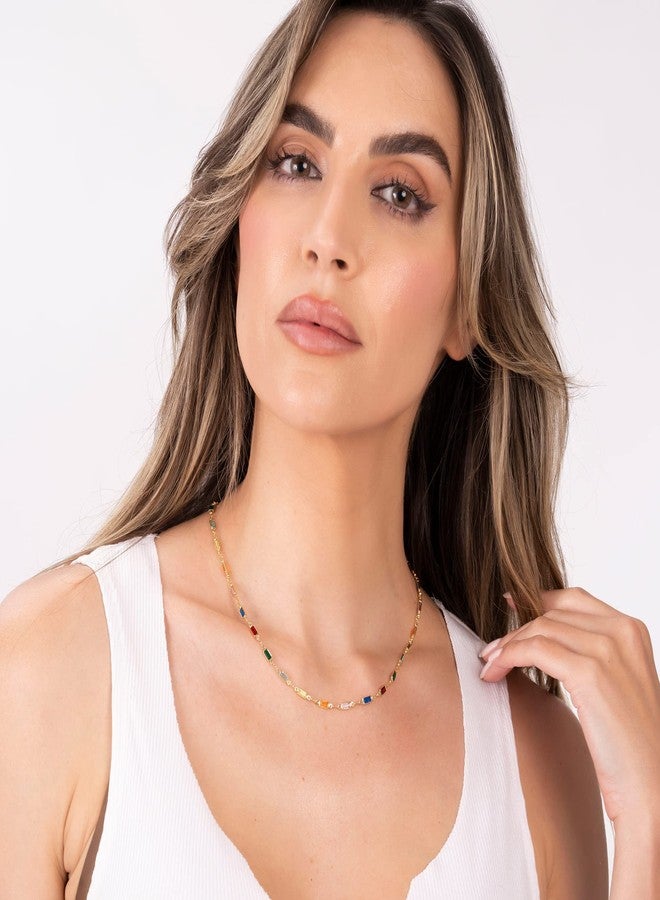 Barzel 18K Gold Plated Multi Stone Crystal Baguette Necklace for Women - Made In Brazil - Image 3