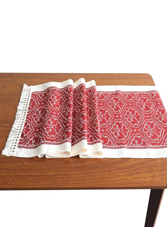 Auerllcy Boho Table Runner – Cotton Linen Blend, Jacquard Woven Design with Elegant Tassel Fringe for Dining Table, Holiday & Everyday Decor (Flower - Red, 71" × 14") - Image 1