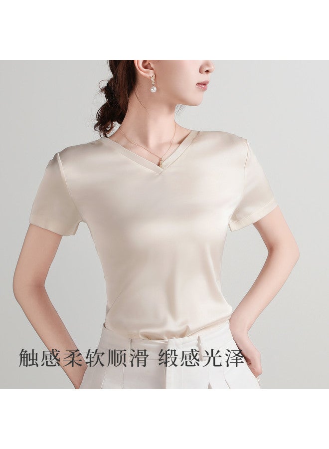 Moonbadi Light Luxury Satin V-Neck Base Layer T-Shirt Short Sleeve Top For Women, Lightweight And Slimming, Can Be Worn Alone - Image 5
