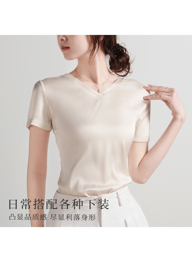 Moonbadi Light Luxury Satin V-Neck Base Layer T-Shirt Short Sleeve Top For Women, Lightweight And Slimming, Can Be Worn Alone - Image 3