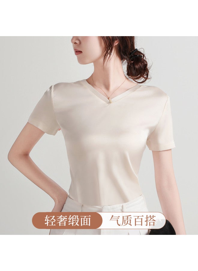 Moonbadi Light Luxury Satin V-Neck Base Layer T-Shirt Short Sleeve Top For Women, Lightweight And Slimming, Can Be Worn Alone - Image 2