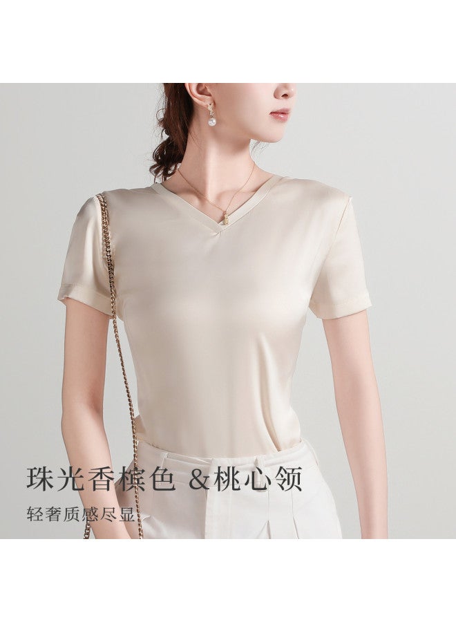 Moonbadi Light Luxury Satin V-Neck Base Layer T-Shirt Short Sleeve Top For Women, Lightweight And Slimming, Can Be Worn Alone - Image 4