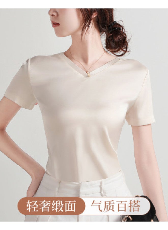Moonbadi Light Luxury Satin V-Neck Base Layer T-Shirt Short Sleeve Top For Women, Lightweight And Slimming, Can Be Worn Alone - Image 1