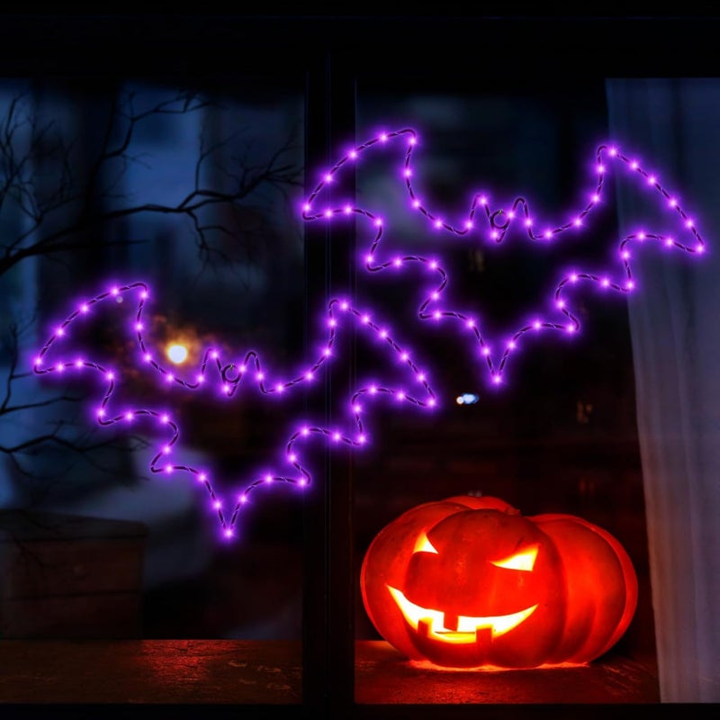 Stage Halloween Decorations, 2 Pack Bat Window Lights, 8 Modes Battery Operated Halloween Lights with Timer, Waterproof Window Silhouette Light for Indoor Window Door Yard Party Decor - Image 2