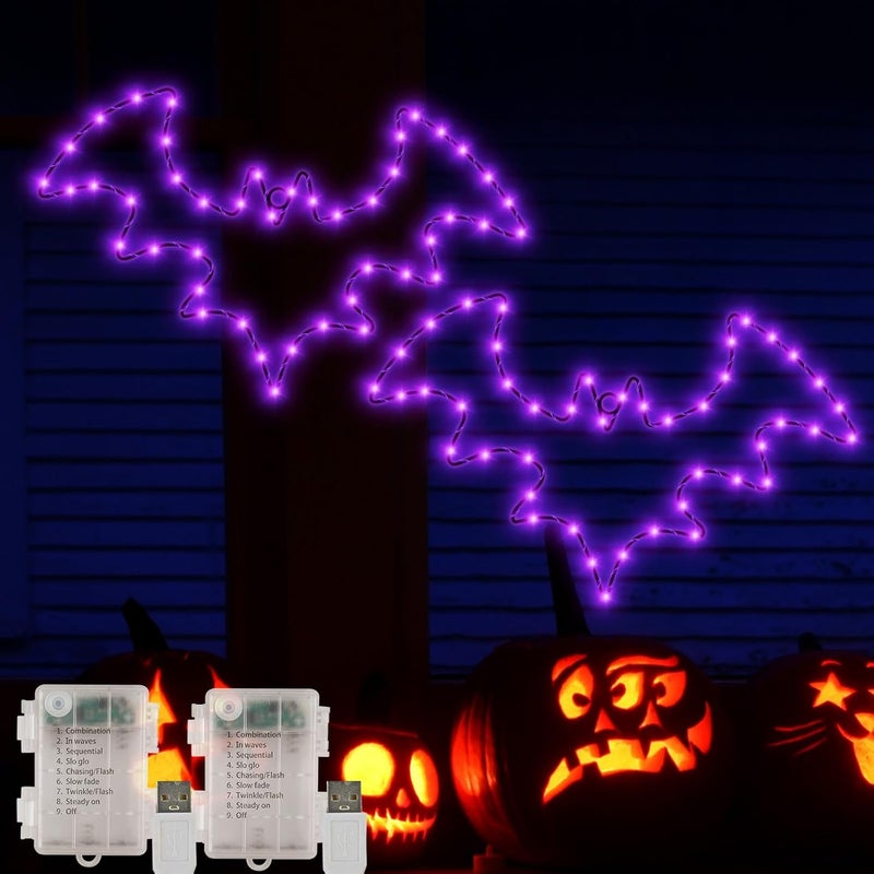 Stage Halloween Decorations, 2 Pack Bat Window Lights, 8 Modes Battery Operated Halloween Lights with Timer, Waterproof Window Silhouette Light for Indoor Window Door Yard Party Decor - Image 1